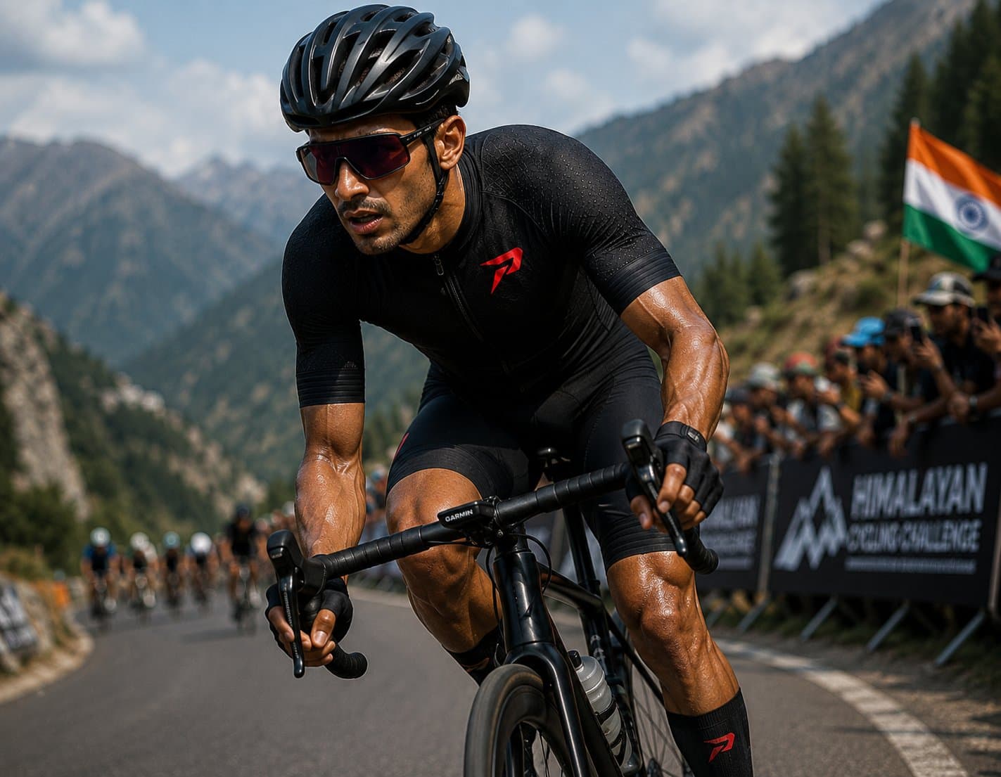 Cyclist racing in PaceShift kit at the Himalayan Cycling Challenge