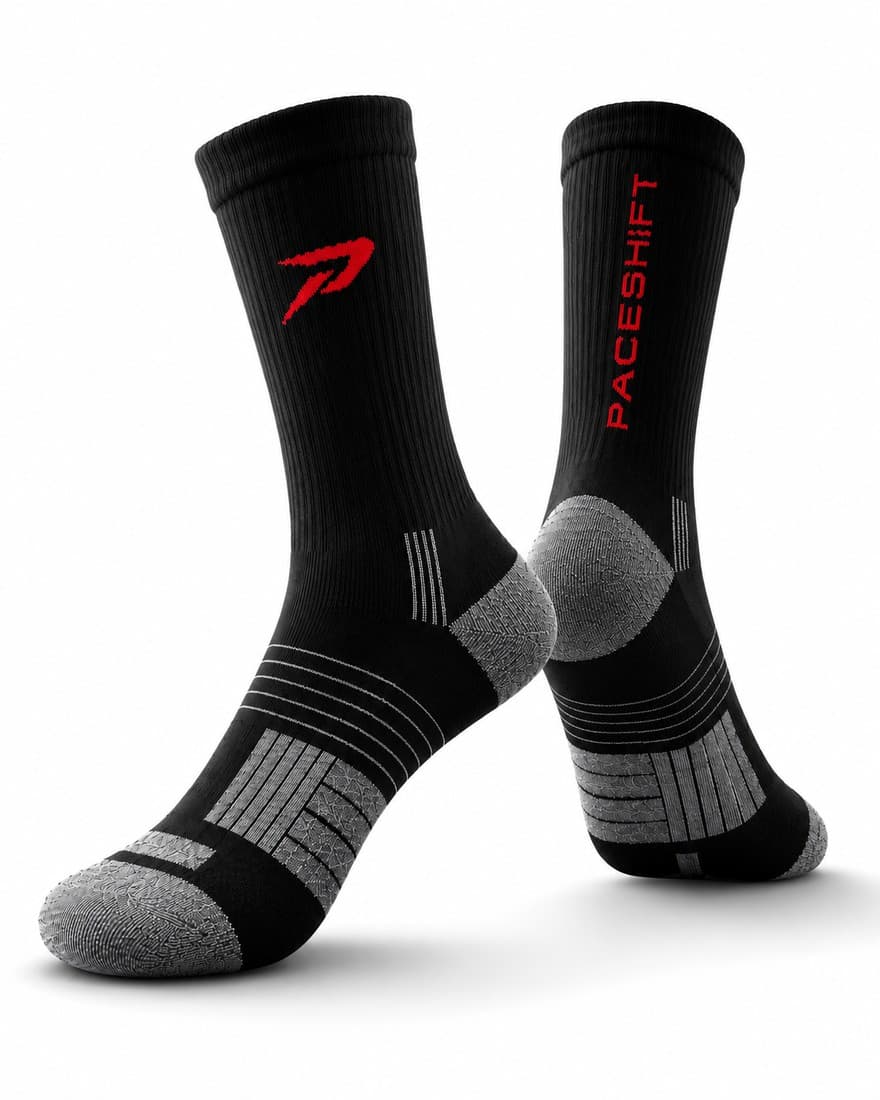 PaceShift performance socks in black with red logo detailing